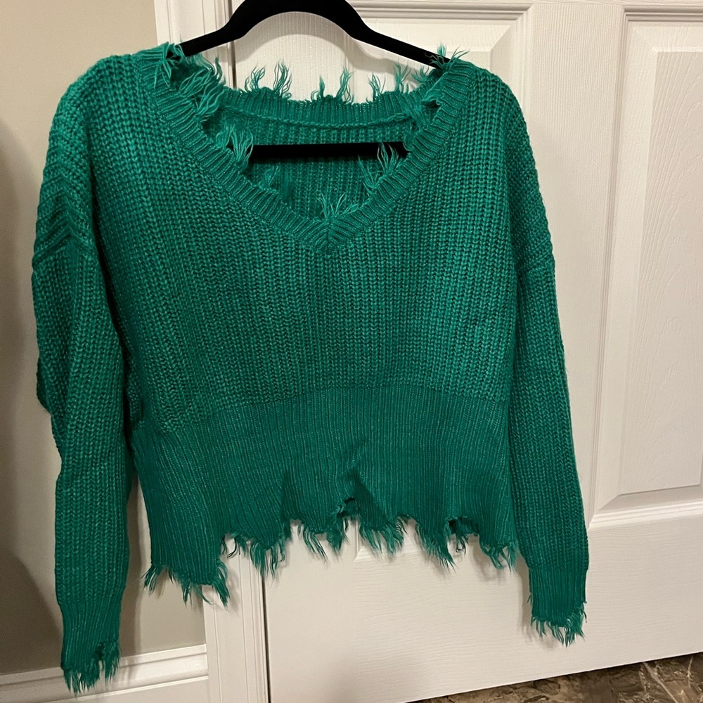 Shein Cropped Green Zig Zag Hem Sweater Size Small